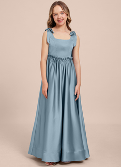 A-line Square Floor-Length Matte Satin Junior Bridesmaid Dress 
