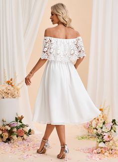 Off the Shoulder Sleeveless A-line Chiffon Lace Midi Dress 
