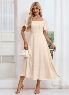 Square Short Sleeve A-line Crepe Lace Midi Dress 