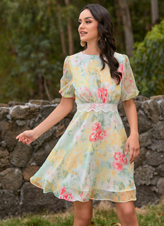 Rund hals 1/2-ermer Ferie A-line kjole Chiffong Midi Motekjoler 