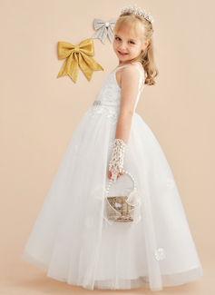 A-Linien-Kleid Rundhals Bodenlang Spitze Tüll Blumenmädchenkleid 