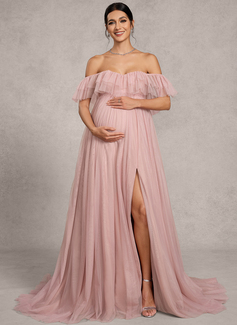 A-line Off the Shoulder Sweep Train Tulle Maternity Dresses With Ruffle 