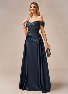 Sheath/Column Off the Shoulder Detachable Floor-Length Satin Lace Evening Dress With Overskirt Sequins Pleated 