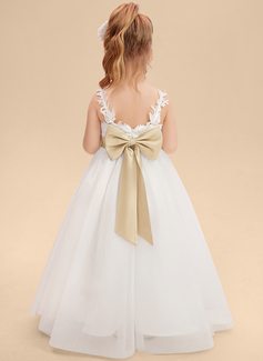 A-line kjole V-hals Gulvlengde Tyll Blonder Brudepikekjole barn med Sløyfe 