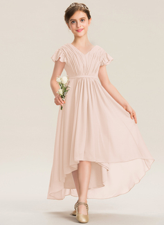 A-Linien-Kleid V-Ausschnitt Vokuhila Chiffon Kleider für junge Brautjungfern mit Schleife Kaskaden-Rüschen 