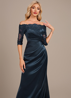 Sheath/Column Off the Shoulder Floor-Length Lace Stretch Satin Mother of the Bride Dress With Pleated 