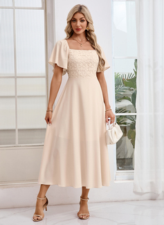 Square Short Sleeve A-line Crepe Lace Midi Dress 