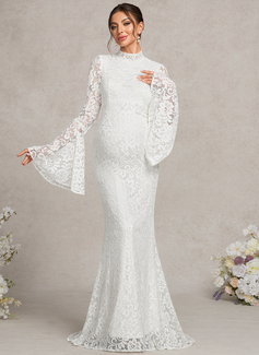 Trumpet/Mermaid High Neck Sweep Train Detachable Chiffon Lace Maternity Dresses With Beading 