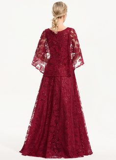 A-Linien-Kleid Rundhals Bodenlang Pailletten Spitze Abendkleid mit Cape-Ärmel 