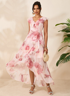 Ruffle Floral Print V-Neck Sleeveless A-line Chiffon Asymmetrical Maxi Dress 