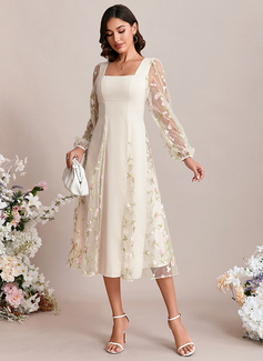 A-line Square Tea-Length Lace Wedding Dress With Embroidered 