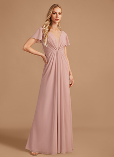 A-Line V-neck Floor-Length Chiffon Bridesmaid Dress With Ruffle 