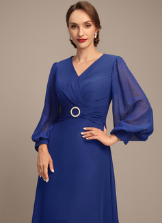 A-line V-Neck Ankle-Length Chiffon Mother of the Bride Dress With Crystal Brooch Pleated 