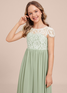 A-Linien-Kleid Rundhals Bodenlang Chiffon Spitze Kleider für junge Brautjungfern 