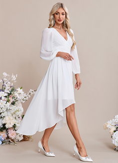 A-line V-Neck Tea-Length Asymmetrical Lace Chiffon Wedding Dress 