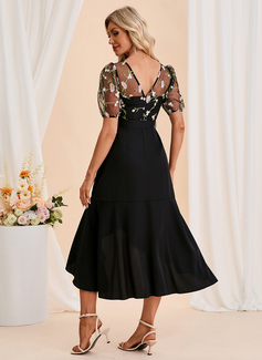 Embroidered Illusion Short Sleeve A-line Charmeuse Tulle Asymmetrical Midi Dress 