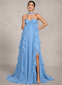 A-line Halter Sweep Train Chiffon Maternity Dresses With Crystal Brooch Cascading Ruffles 