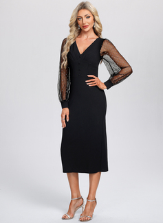 Sheath/Column V-Neck Tea-Length Stretch Crepe Tulle Cocktail Dress 