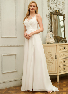 A-line kjole V-hals Sweep/Børste train Blonder Chiffon Brudekjole 