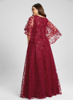 A-Linien-Kleid Rundhals Bodenlang Pailletten Spitze Abendkleid mit Cape-Ärmel 