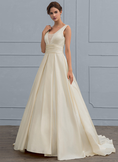 Ball-Gown/Princess V-neck Sweep Train Satin Wedding Dress With Lace 