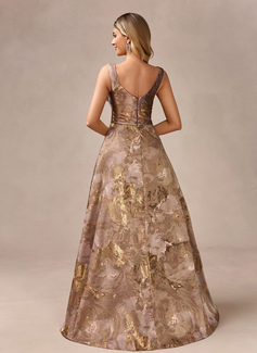 A-line Square Floor-Length Jacquard Evening Dress With 3D Floral 