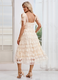 Bow Embroidered V-Neck Sleeveless A-line Tulle Midi Dress 