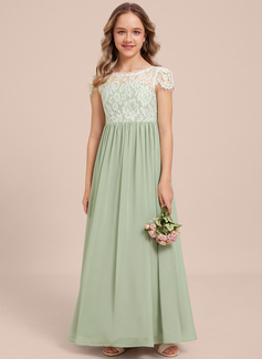 A-Linien-Kleid Rundhals Bodenlang Chiffon Spitze Kleider für junge Brautjungfern 