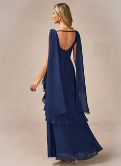 A-line Cowl Floor-Length Chiffon Evening Dress With Cascading Ruffles Cape 