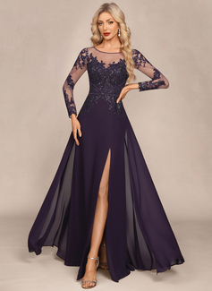 Sheath/Column Illusion Scoop Floor-Length Chiffon Tulle Evening Dress With Beading Overskirt Sequins 