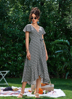 V-hals Kortermer Ferie A-line kjole Chiffong Asymmetrisk Motekjoler 