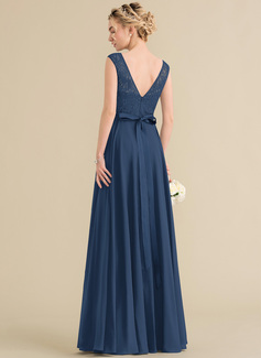 A-Linien-Kleid Rundhals Bodenlang Chiffon Spitze Brautjungfernkleid mit Schleife 
