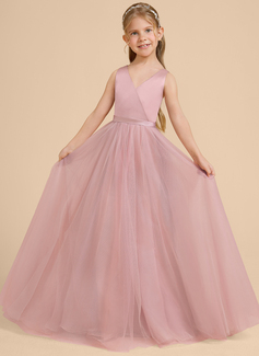 Prinzessin V-Ausschnitt Bodenlang Tüll Satin Blumenmädchenkleid mit Schleife Schärpe 