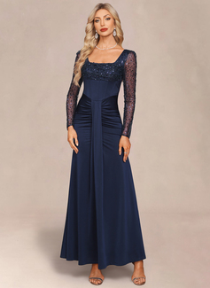 Square Long Sleeve Trumpet/Mermaid Tulle Sequin stretchy fabric Maxi Dress 