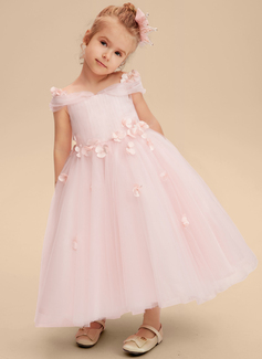 A-line kjole Kald skulder Te-lengde Tyll Brudepikekjole barn med 3D-blomster Sløyfe 