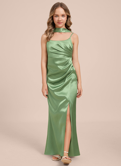 Sheath/Column Scoop Floor-Length Stretch Satin Junior Bridesmaid Dress 