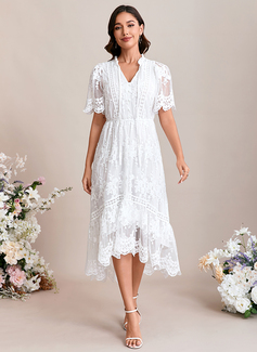 A-line V-Neck Tea-Length Lace Wedding Dress With Embroidered 