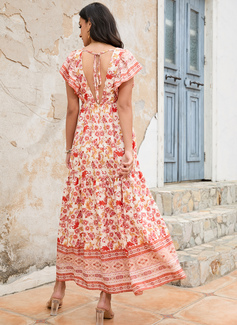 V-hals Kortermer Ferie A-line kjole Polyester Midi Motekjoler 