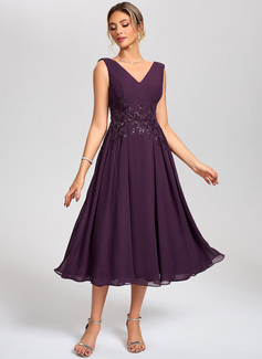 A-line V-Neck Tea-Length Chiffon Lace Cocktail Dress With Sequins 