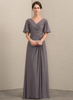 A-line kjole V-hals Gulvlengde Chiffon mesh Kjole til brudens mor med Plissert 