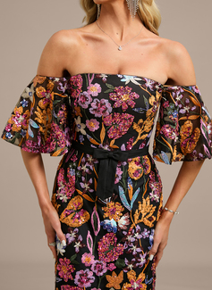 Sheath/Column Off the Shoulder Floor-Length Lace Floral Sequin Evening Dress With Bow 