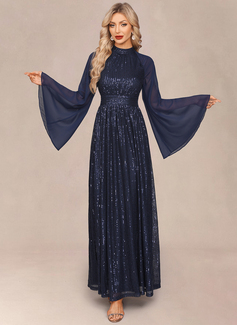 A-line High Neck Floor-Length Chiffon Sequin Evening Dress 