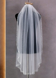 Beading Cut Edge Single Tier Tulle Bridal Fingertip Length Wedding Veils 