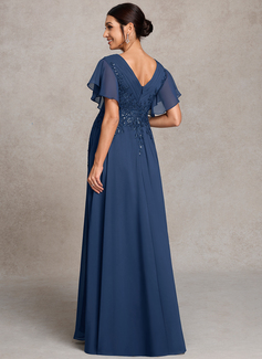 A-line V-Neck Floor-Length Lace Chiffon Maternity Dresses With Sequins Pleated 