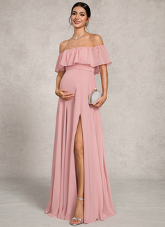 A-line Off the Shoulder Floor-Length Chiffon Maternity Dresses With Bow 