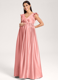 A-line V-Neck Floor-Length Stretch Satin Maternity Dresses With Ruffle 