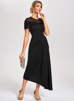 Rhinestone Illusion Short Sleeve A-line stretchy fabric Asymmetrical Midi Dress 