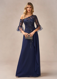 A-line One Shoulder Floor-Length Chiffon Lace Evening Dress With Sequins 