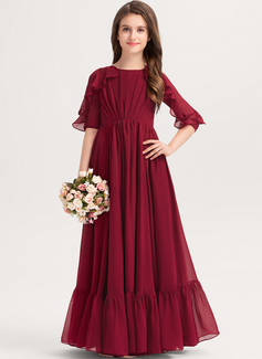 A-line Scoop Floor-Length Chiffon Junior Bridesmaid Dress With Cascading Ruffles 