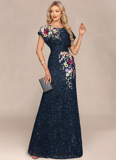 Sheath/Column Scoop Floor-Length Lace Evening Dress With Sequins Flower Appliques Lace 